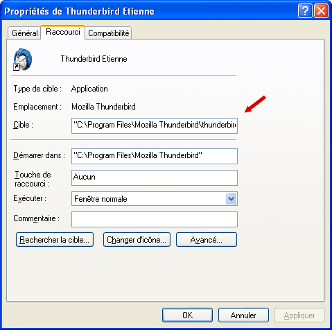Propriétés du raccourci